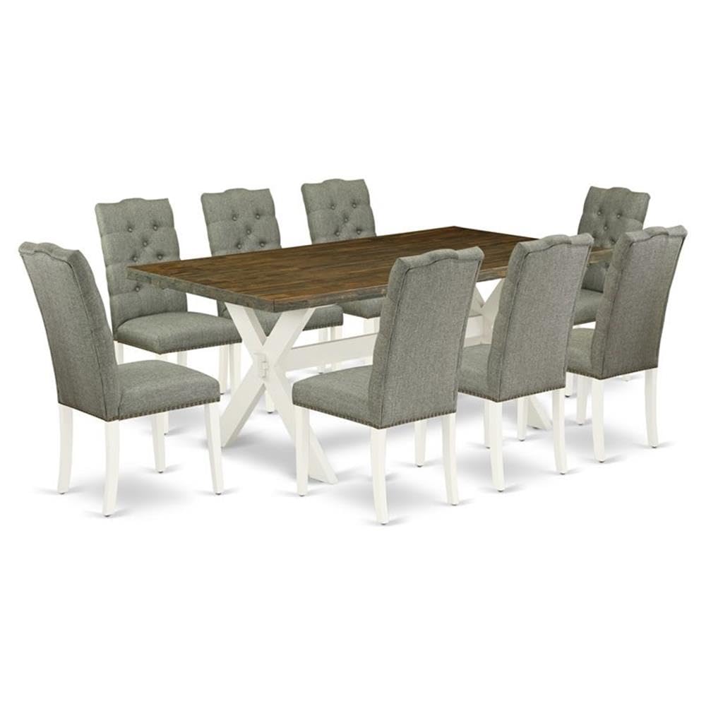 East West Furniture X077El207-9 9 Piece Kitchen Table Set Includes A Rectangle Dining Table With X-Legs And 8 Gray Linen Fabric Parson Dining Room Chairs, 40X72 Inch, Multi-Color